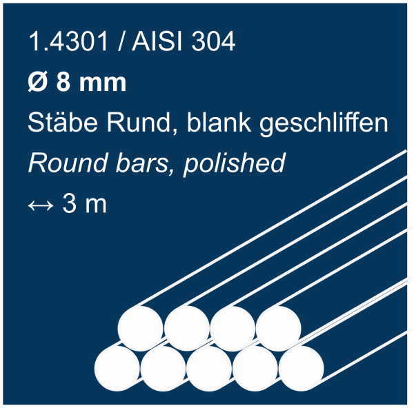 Edelstahlstäbe, geschliffen, aus 1.4301 (304), 8 mm Durchmesser, 3000 mm lang, auf blauem Hintergrund abgebildet